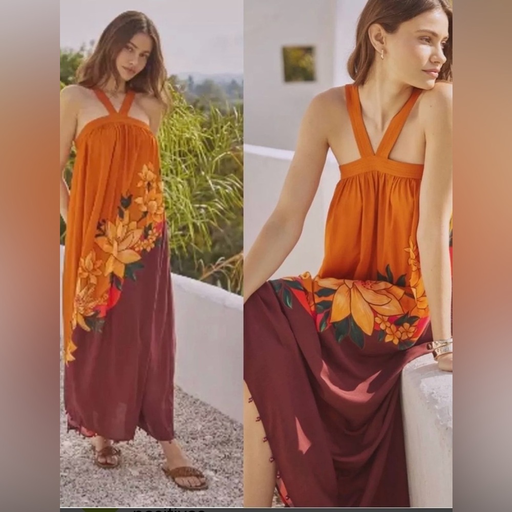 ANTHROPOLOGIE FARM RIO TROPICAL PRINT HALTER MAXI COVER-UP SIZE L  MULTICOLOR